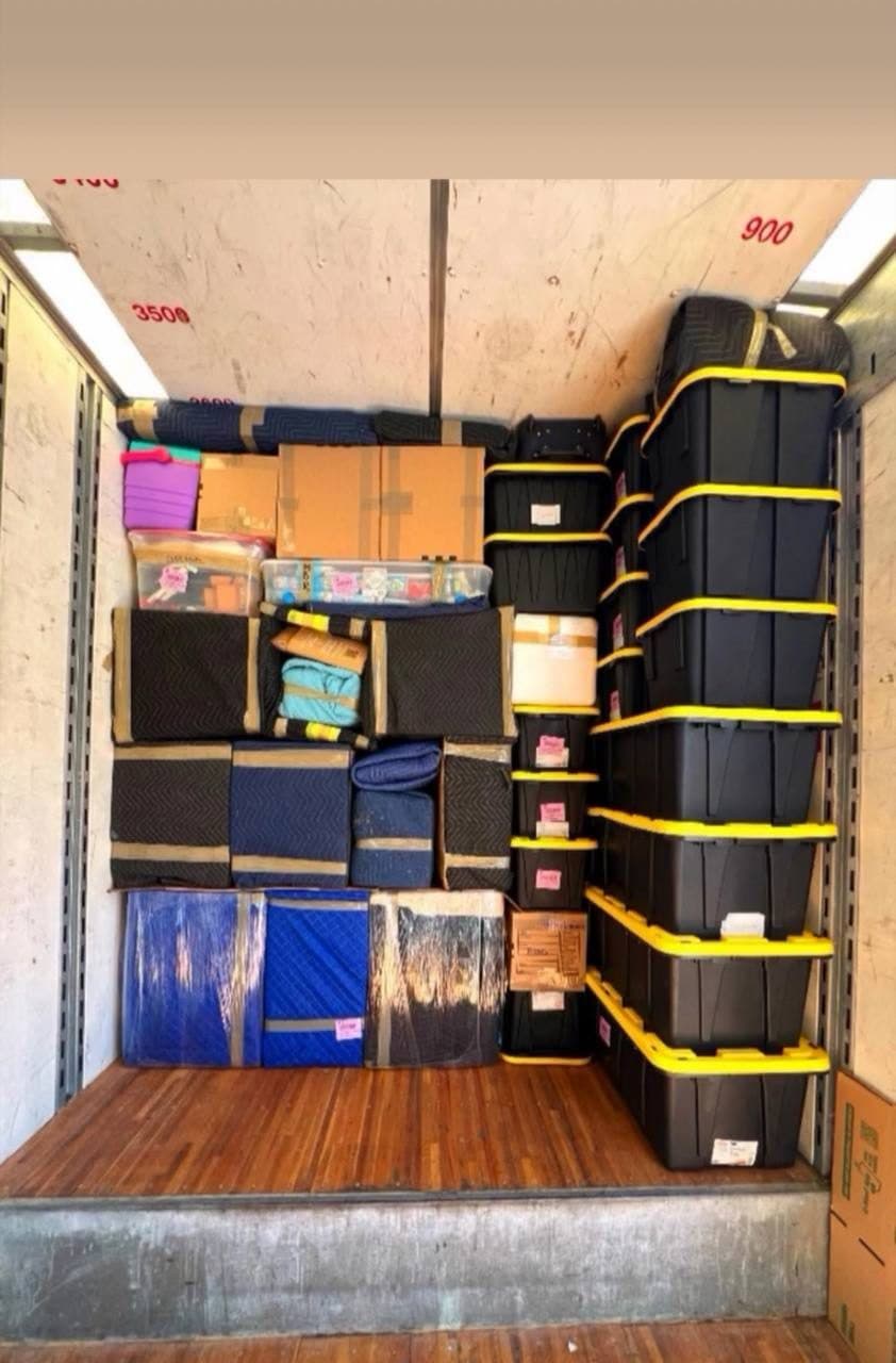 Household furniture strapped securely inside a truck