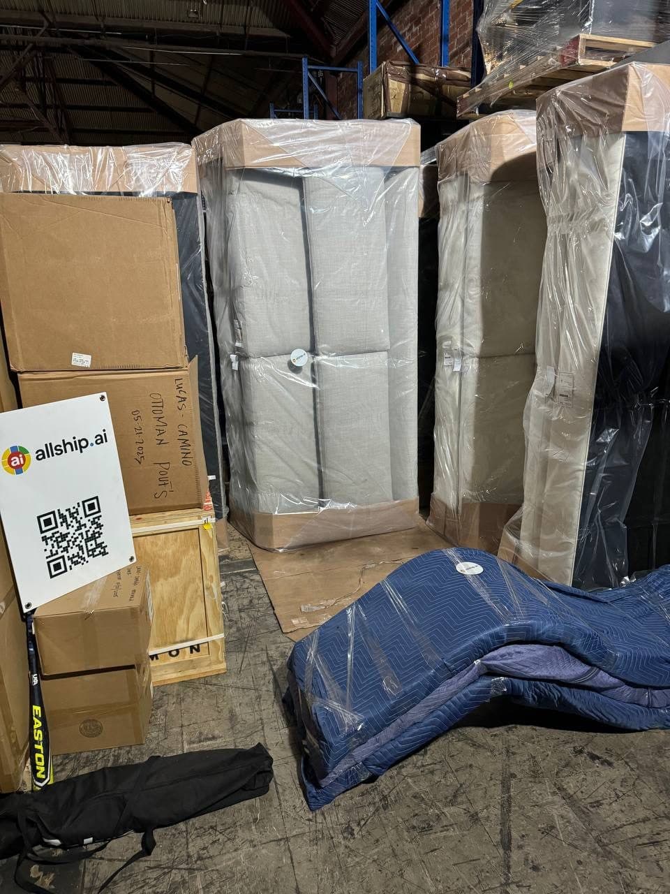 Wrapped goods staged in a warehouse for loading